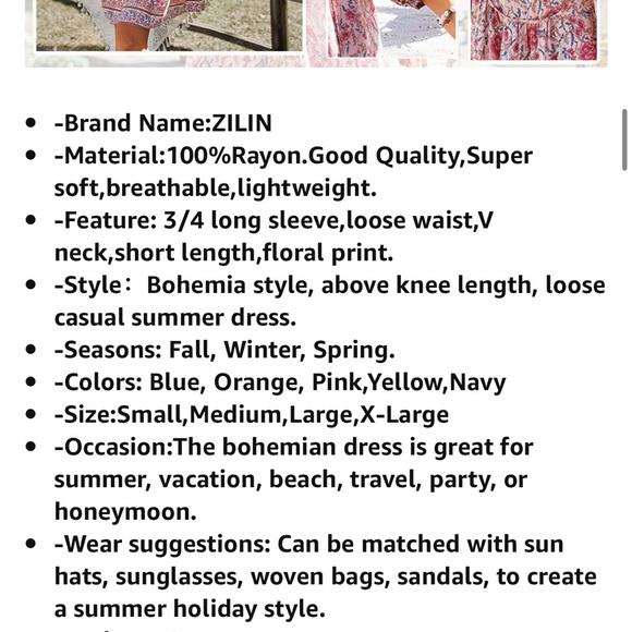 Boho Summer Dress 3/4 Sleeve Womens Medium M - Picture 4 of 6